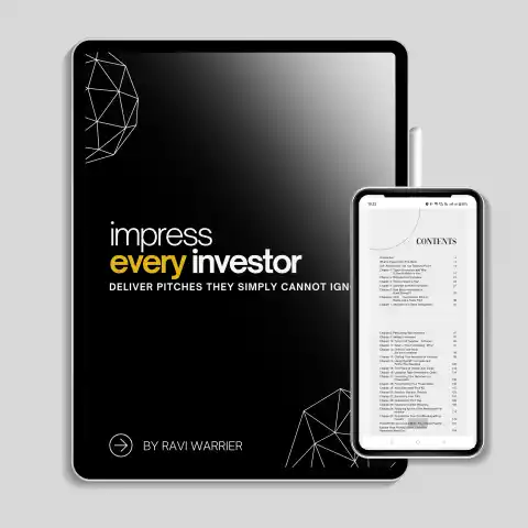 Impress Every Investor book cover (on a tablet) and table of contents (on phone)