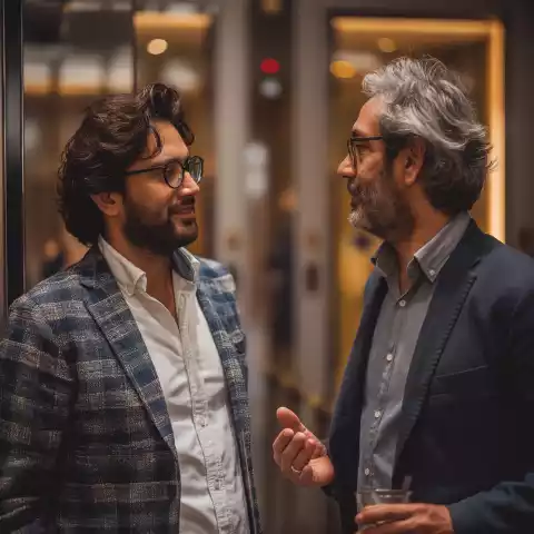 a startup founder pitching to an investor in the elevator lobby (low-res)